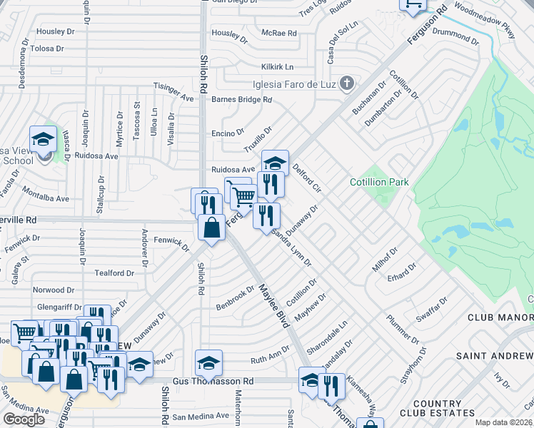 map of restaurants, bars, coffee shops, grocery stores, and more near 10514 Sandra Lynn Drive in Dallas