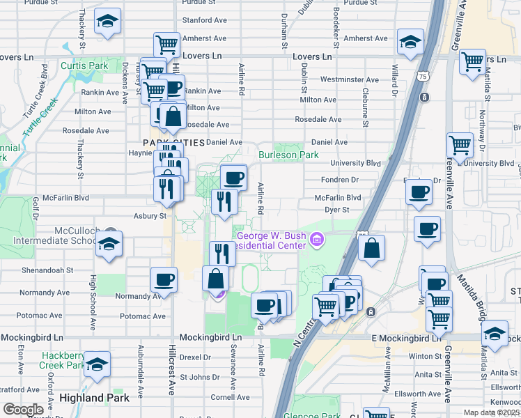map of restaurants, bars, coffee shops, grocery stores, and more near 3072 SMU Boulevard in Dallas