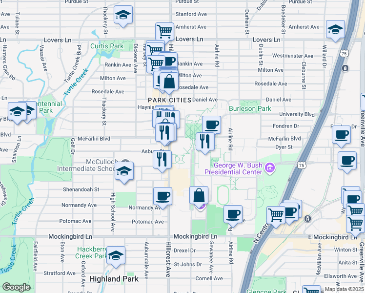 map of restaurants, bars, coffee shops, grocery stores, and more near 6211 Bishop Boulevard in Dallas