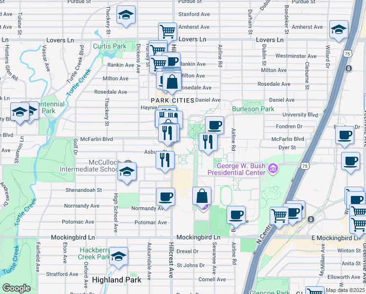 map of restaurants, bars, coffee shops, grocery stores, and more near 6211 Bishop Boulevard in Dallas