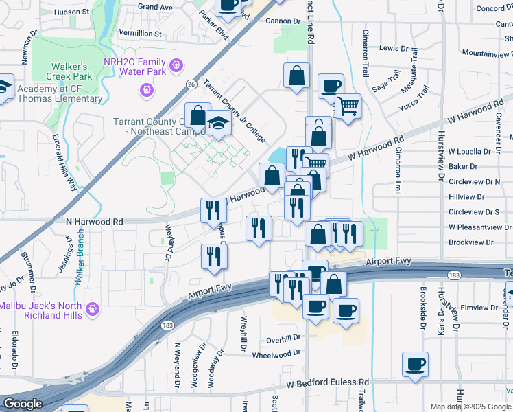 map of restaurants, bars, coffee shops, grocery stores, and more near 827 West Harwood Road in Hurst