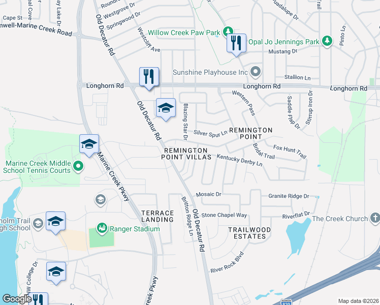 map of restaurants, bars, coffee shops, grocery stores, and more near 5656 Giddyup Lane in Fort Worth