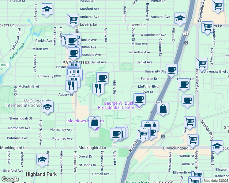 map of restaurants, bars, coffee shops, grocery stores, and more near 3030 Dyer Street in Dallas