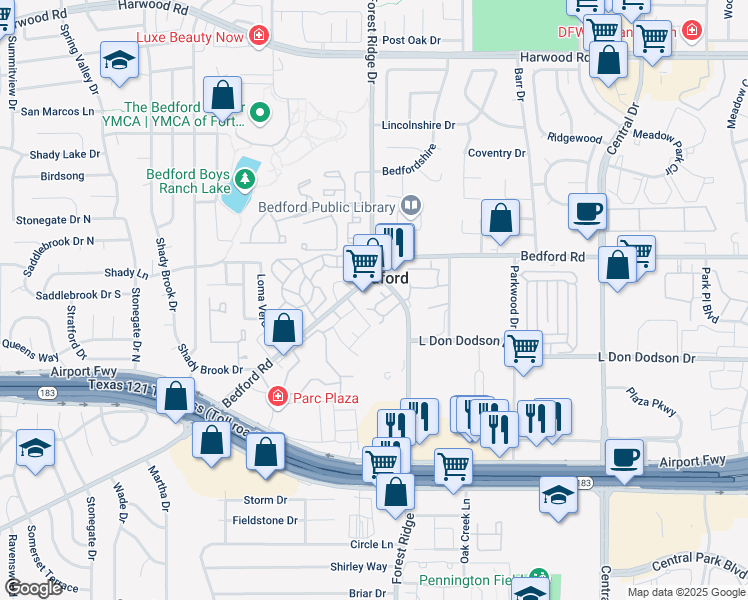 map of restaurants, bars, coffee shops, grocery stores, and more near 1545 Forest Park Circle in Bedford