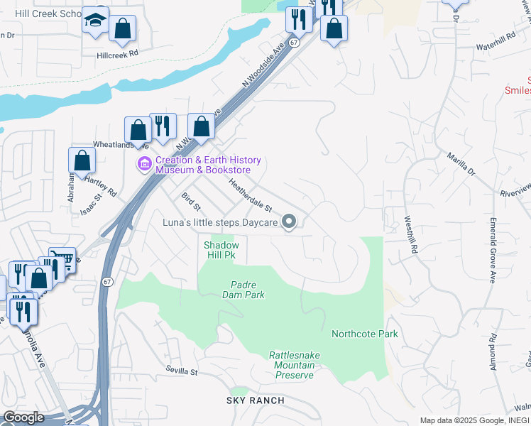 map of restaurants, bars, coffee shops, grocery stores, and more near 9126 Heatherdale Street in Santee