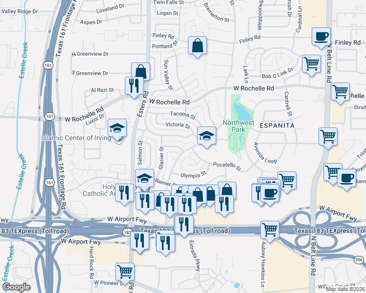 map of restaurants, bars, coffee shops, grocery stores, and more near 2530 Cheyenne Street in Irving