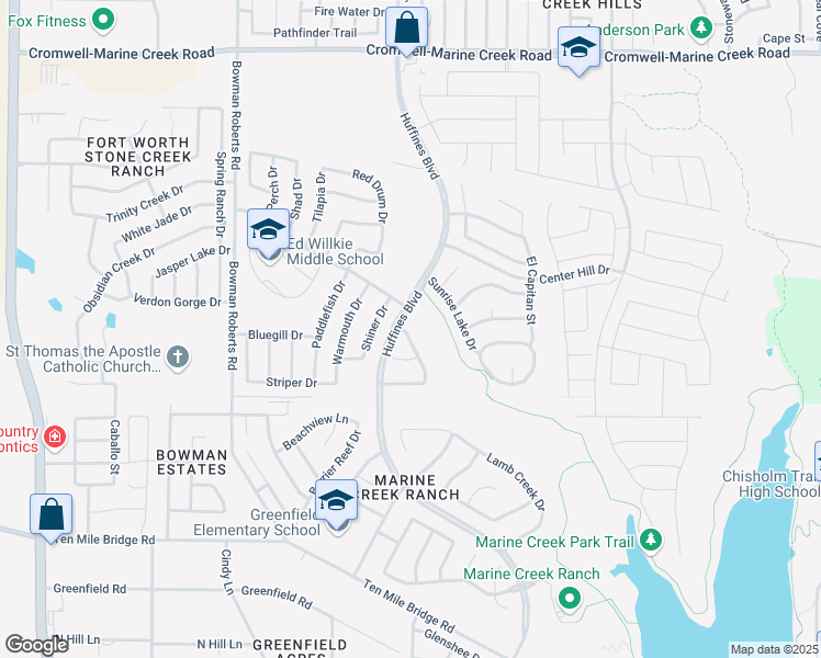 map of restaurants, bars, coffee shops, grocery stores, and more near 6100 Huffines Boulevard in Fort Worth