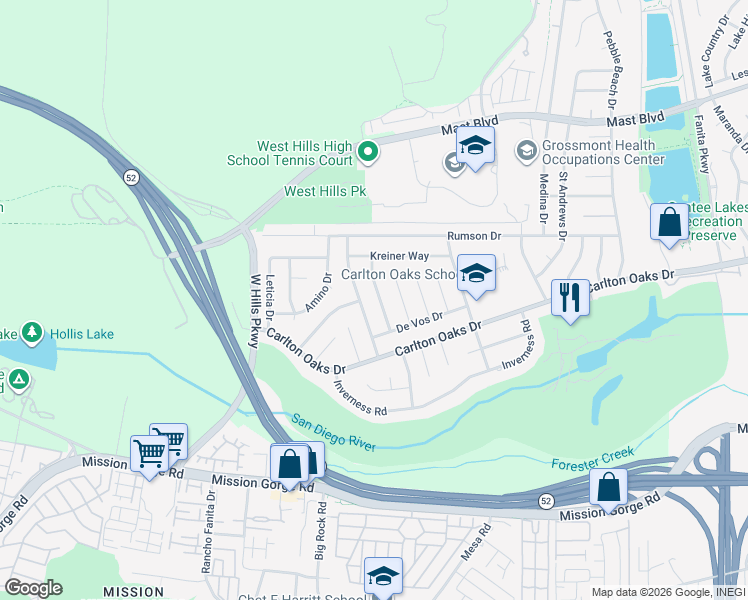 map of restaurants, bars, coffee shops, grocery stores, and more near 9362 Dempster Drive in Santee