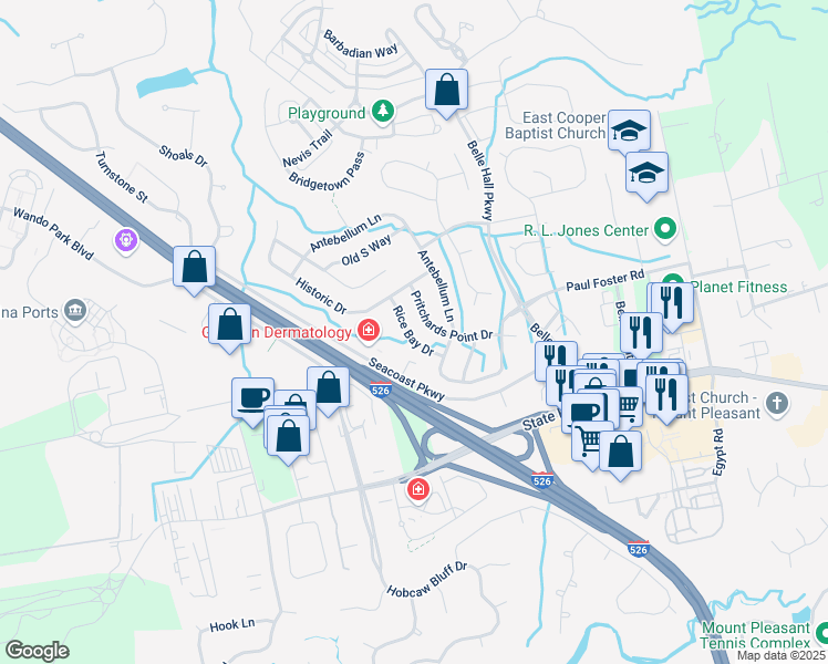map of restaurants, bars, coffee shops, grocery stores, and more near 345 Rice Bay Drive in Mount Pleasant