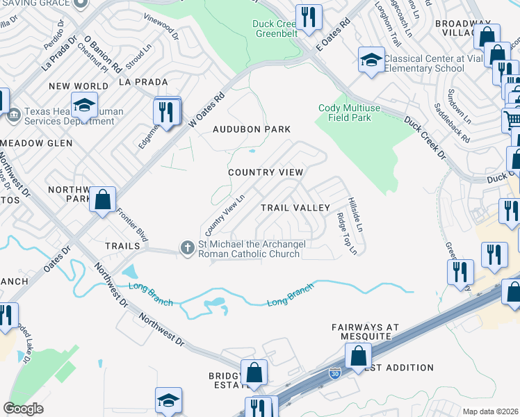 map of restaurants, bars, coffee shops, grocery stores, and more near 110 Country View Lane in Garland