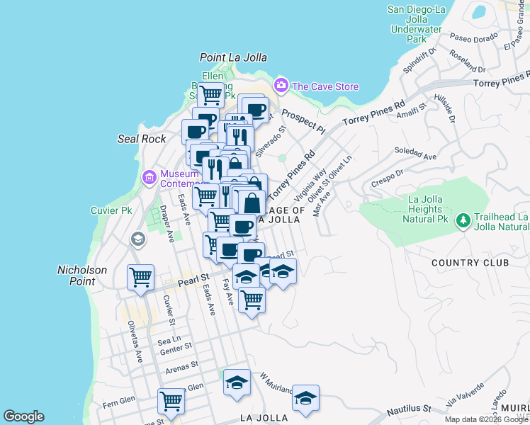 map of restaurants, bars, coffee shops, grocery stores, and more near 1129 Torrey Pines Road in San Diego
