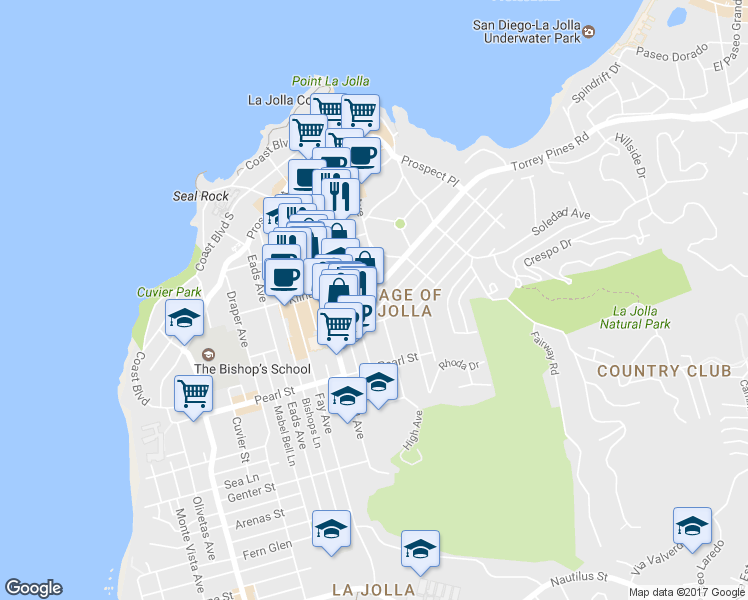 map of restaurants, bars, coffee shops, grocery stores, and more near 1125 Torrey Pines Road in San Diego