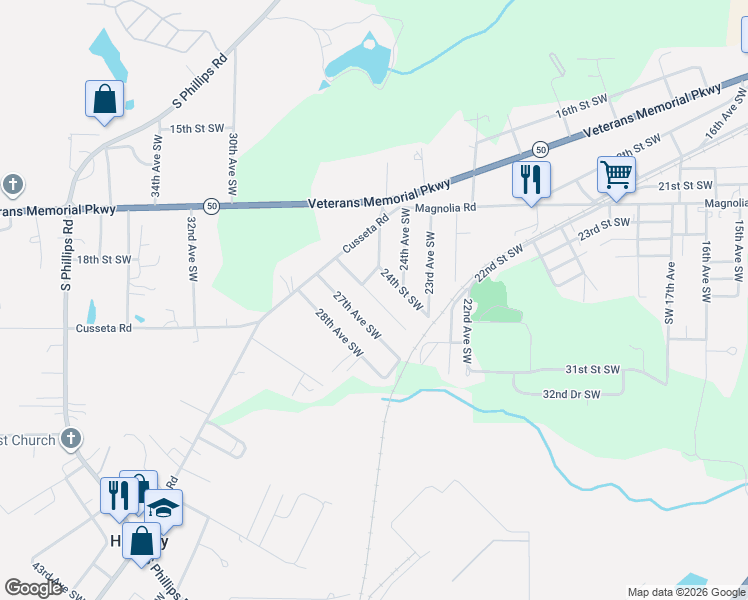 map of restaurants, bars, coffee shops, grocery stores, and more near 2431 24th Street Southwest in Lanett
