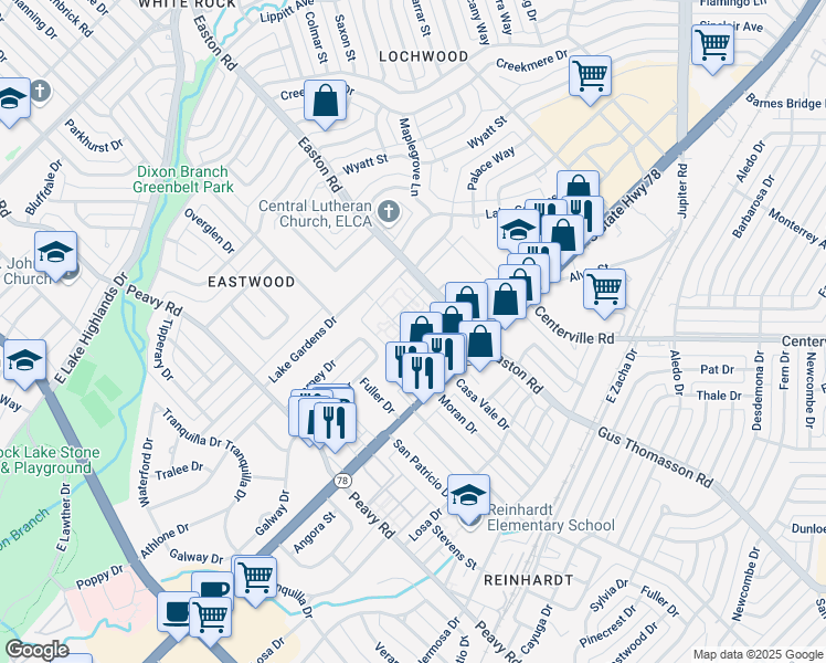 map of restaurants, bars, coffee shops, grocery stores, and more near Whitehaven Drive in Dallas