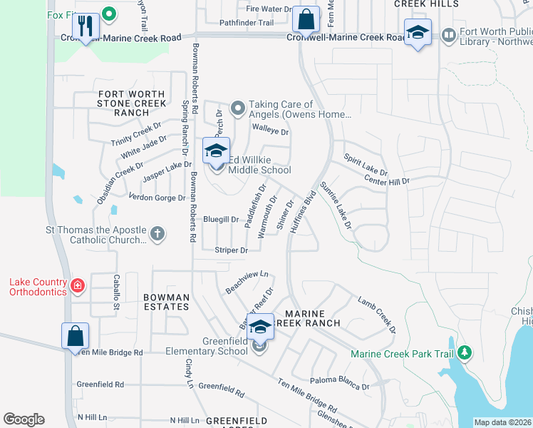 map of restaurants, bars, coffee shops, grocery stores, and more near Warmouth Drive in Fort Worth