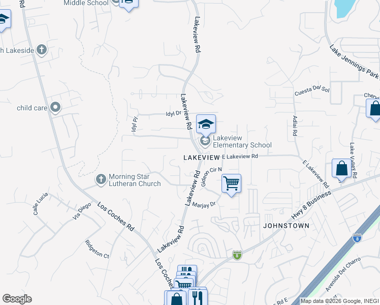 map of restaurants, bars, coffee shops, grocery stores, and more near 13256 West Lakeview Road in Lakeside
