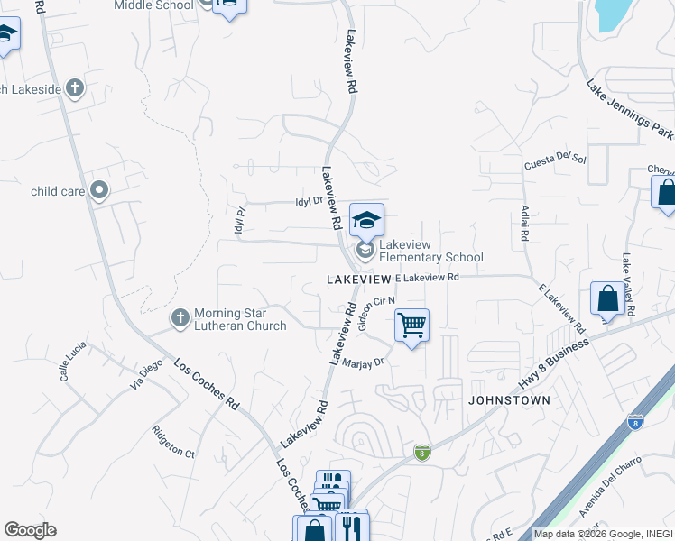 map of restaurants, bars, coffee shops, grocery stores, and more near 13256 West Lakeview Road in Lakeside
