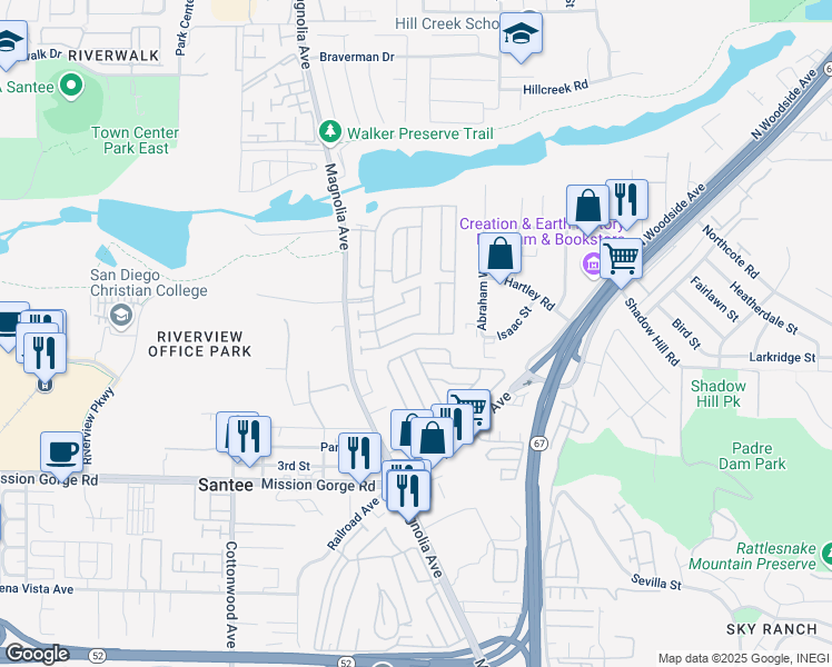 map of restaurants, bars, coffee shops, grocery stores, and more near 9255 Magnolia Avenue in Santee