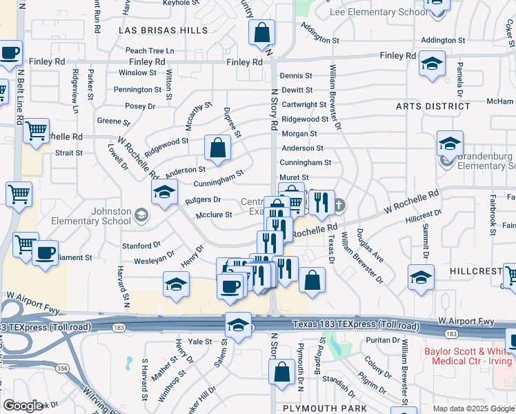 map of restaurants, bars, coffee shops, grocery stores, and more near 2712 Mcclure Street in Irving