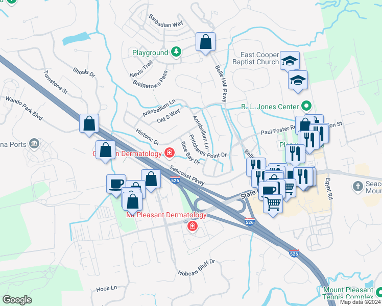 map of restaurants, bars, coffee shops, grocery stores, and more near 328 Rice Bay Drive in Mount Pleasant