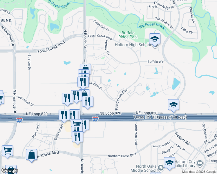 map of restaurants, bars, coffee shops, grocery stores, and more near 5333 Fossil Creek Boulevard in Haltom City