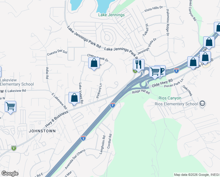 map of restaurants, bars, coffee shops, grocery stores, and more near 64 Pinkard Way in El Cajon