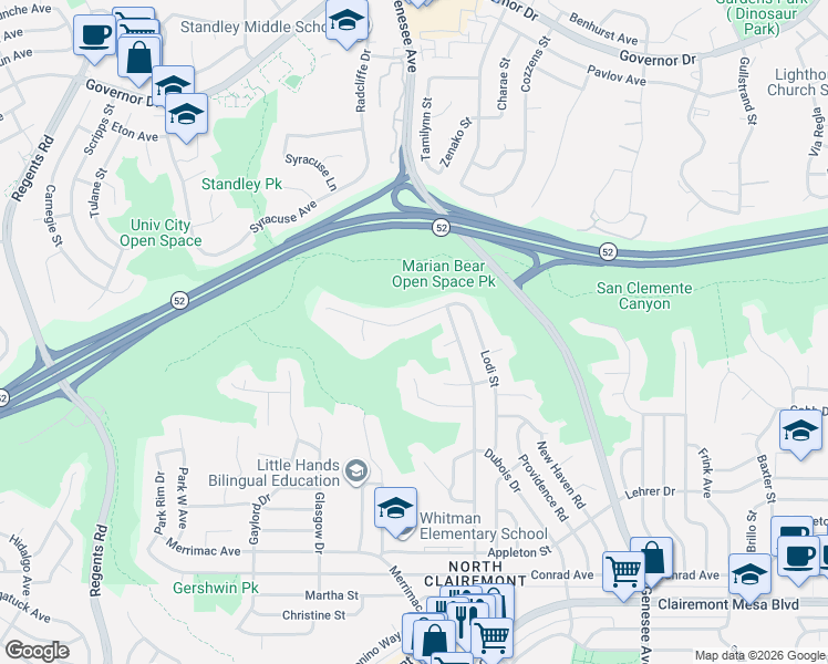 map of restaurants, bars, coffee shops, grocery stores, and more near 5537 Lodi Street in San Diego