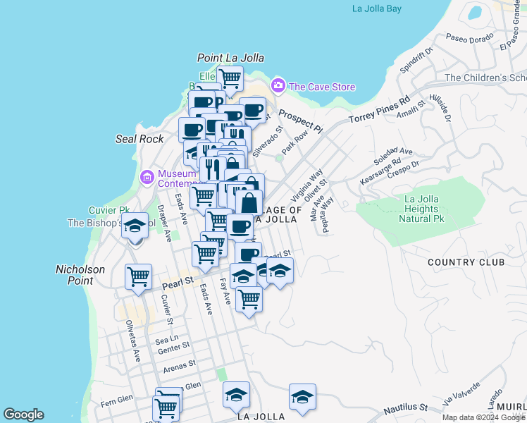 map of restaurants, bars, coffee shops, grocery stores, and more near 1111 Torrey Pines Road in San Diego