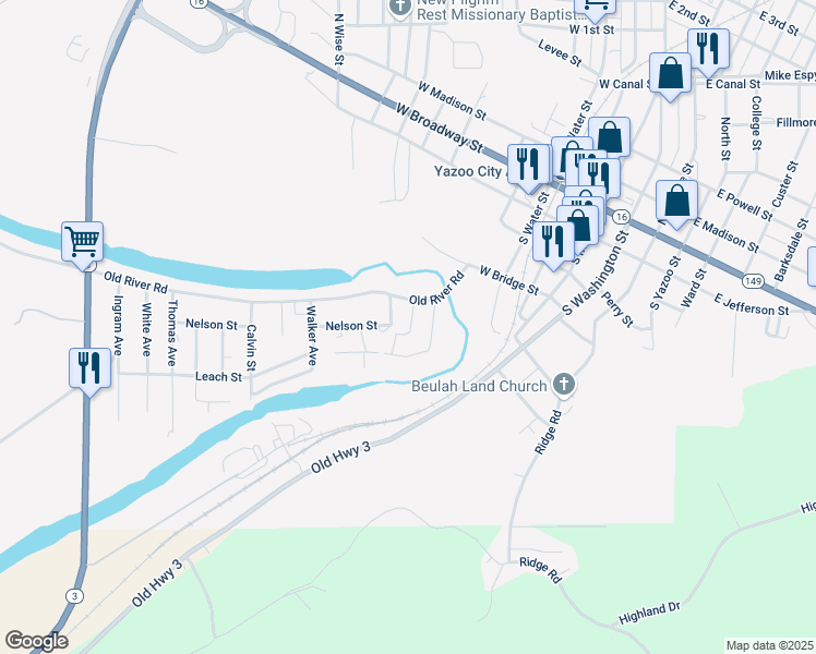 map of restaurants, bars, coffee shops, grocery stores, and more near 573-605 Old River Rd in Yazoo City