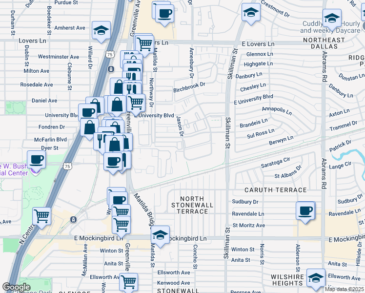 map of restaurants, bars, coffee shops, grocery stores, and more near 5908 Sandhurst Lane in Dallas