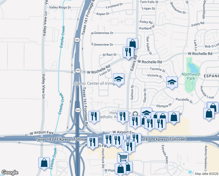map of restaurants, bars, coffee shops, grocery stores, and more near 4607 Galle Street in Irving