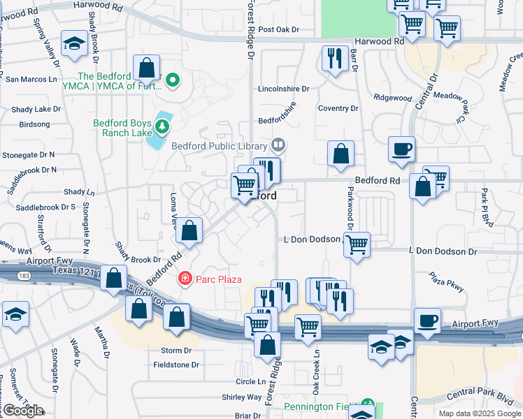 map of restaurants, bars, coffee shops, grocery stores, and more near in Bedford