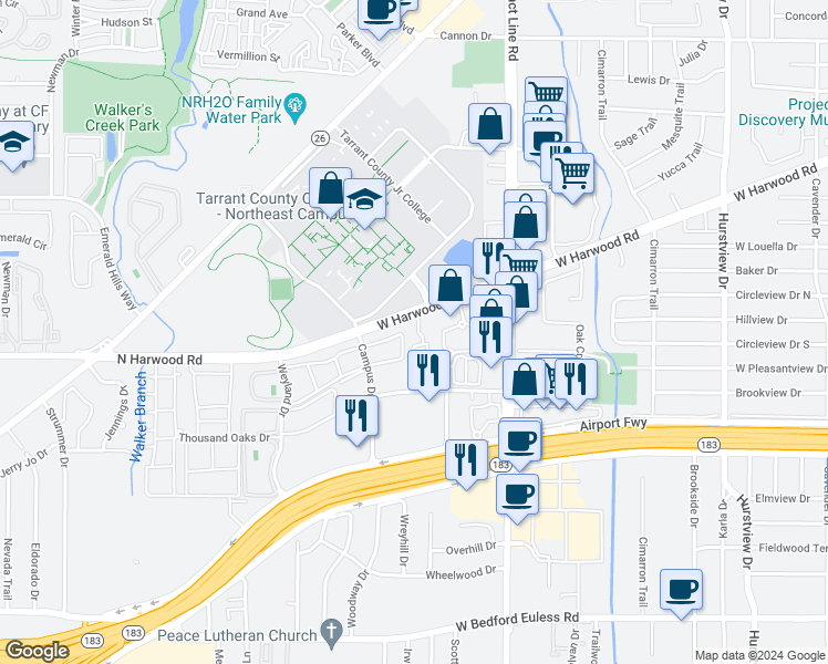 map of restaurants, bars, coffee shops, grocery stores, and more near 815 West Harwood Road in Hurst