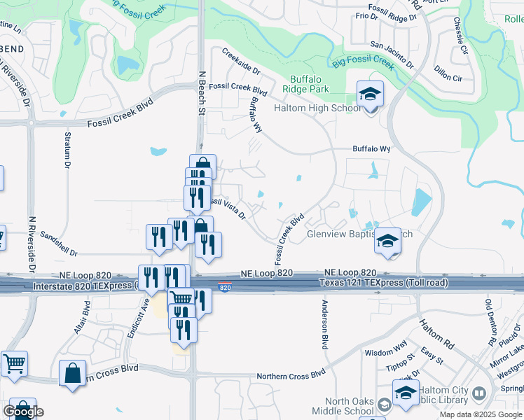 map of restaurants, bars, coffee shops, grocery stores, and more near 5333 Fossil Creek Boulevard in Haltom City