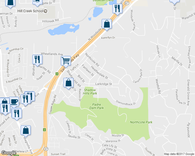 map of restaurants, bars, coffee shops, grocery stores, and more near 11102 Shadow Hill Way in Santee