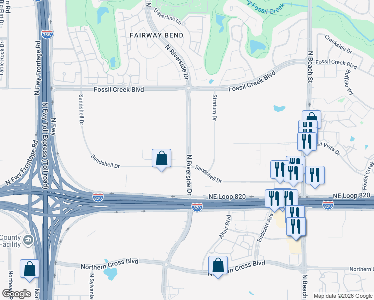 map of restaurants, bars, coffee shops, grocery stores, and more near 5515 North Riverside Drive in Fort Worth
