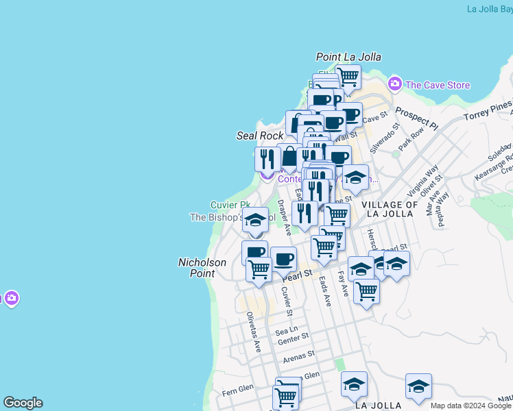 map of restaurants, bars, coffee shops, grocery stores, and more near 484 Prospect Street in San Diego