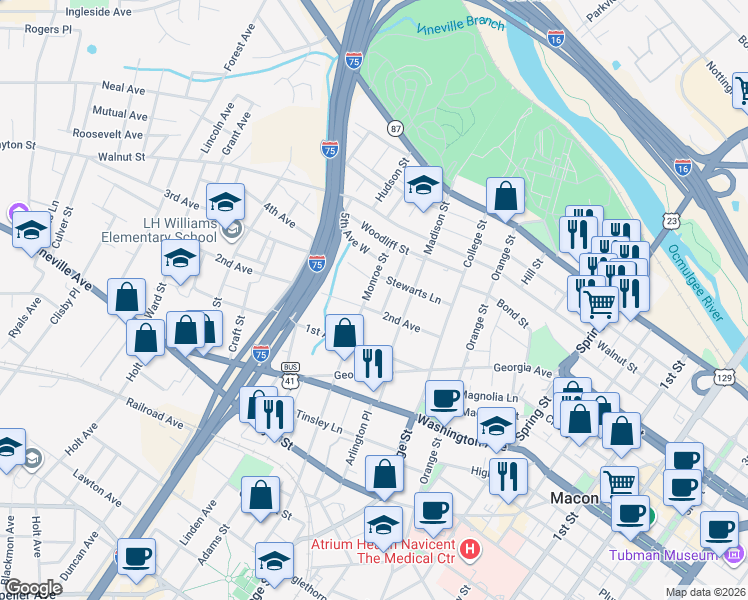 map of restaurants, bars, coffee shops, grocery stores, and more near 315 Singleton Street in Macon