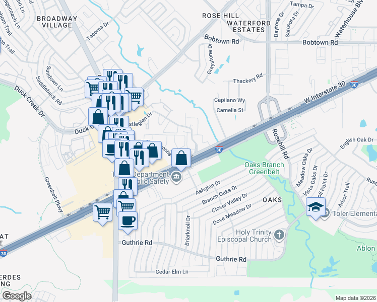 map of restaurants, bars, coffee shops, grocery stores, and more near 1012 Bromley Court in Garland