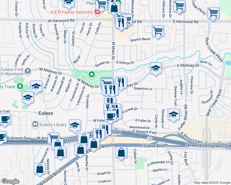 map of restaurants, bars, coffee shops, grocery stores, and more near in Euless