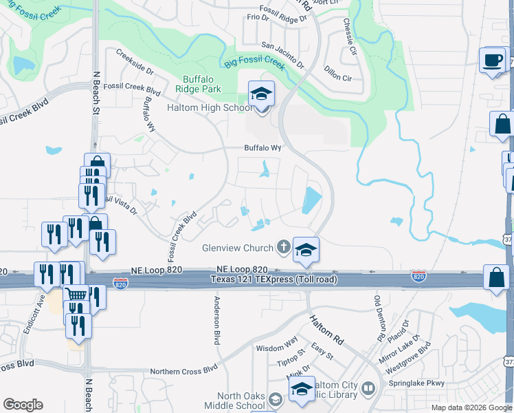 map of restaurants, bars, coffee shops, grocery stores, and more near 4740 Bluffview Drive in Haltom City