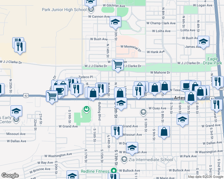 map of restaurants, bars, coffee shops, grocery stores, and more near 1307 West Chisum Avenue in Artesia