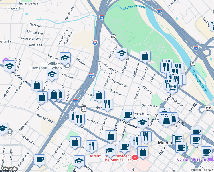 map of restaurants, bars, coffee shops, grocery stores, and more near 1442 4th Avenue in Macon