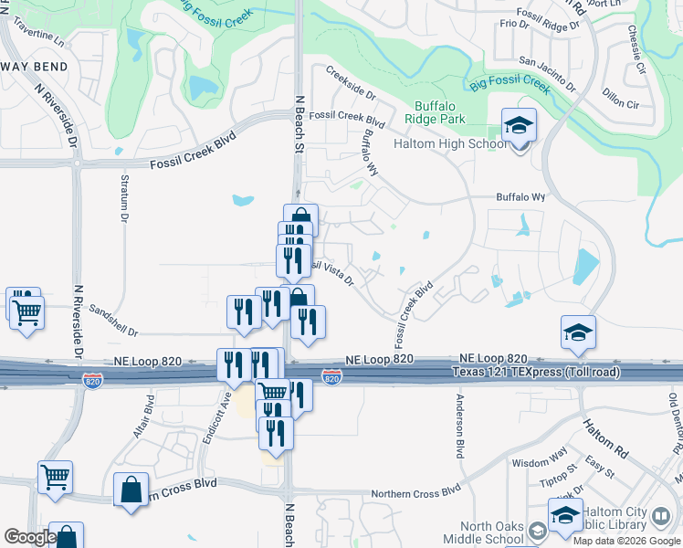 map of restaurants, bars, coffee shops, grocery stores, and more near 4627 Fossil Vista Drive in Haltom City