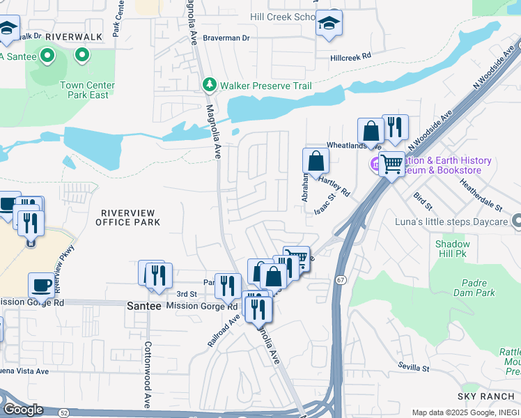 map of restaurants, bars, coffee shops, grocery stores, and more near 9255 Magnolia Avenue in Santee