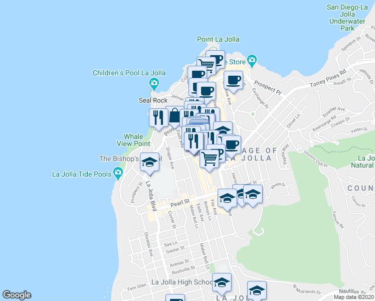map of restaurants, bars, coffee shops, grocery stores, and more near 7757 Eads Avenue in San Diego