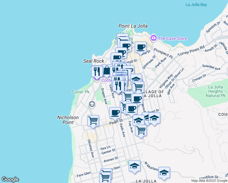 map of restaurants, bars, coffee shops, grocery stores, and more near 7757 Eads Avenue in San Diego