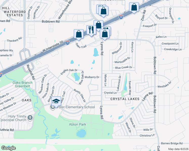 map of restaurants, bars, coffee shops, grocery stores, and more near 5825 Lyons Road in Garland