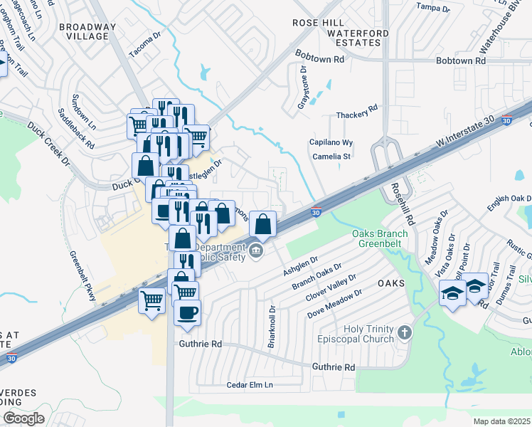 map of restaurants, bars, coffee shops, grocery stores, and more near 1020 Bristol Court in Garland
