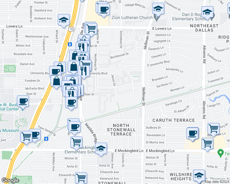 map of restaurants, bars, coffee shops, grocery stores, and more near 5908 Sandhurst Lane in Dallas